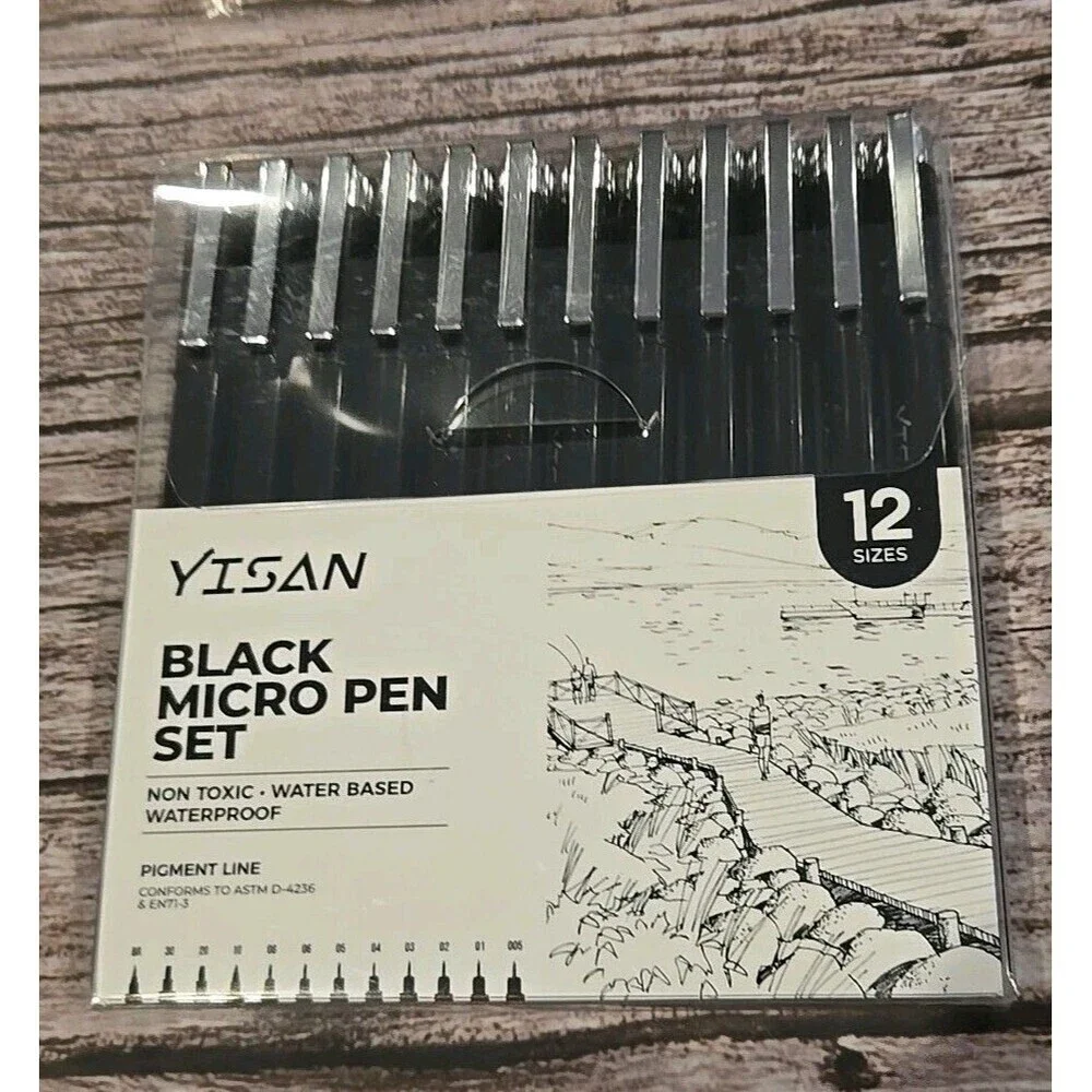 YISAN Black Micro Pen Set 12 Sizes Non Toxic New (194)